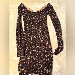 Guess Leopard Print Long Sleeve Body-con Sweater Dress